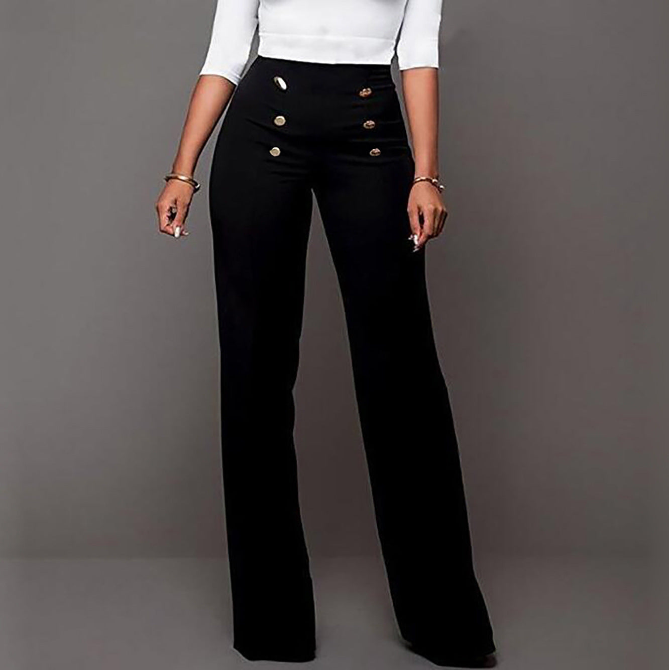 Button Solid Color Bootcut Trousers