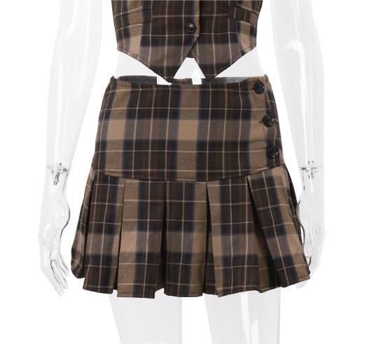 Summer Sexy Retro Plaid Vest Graceful Pleated Skirt Set