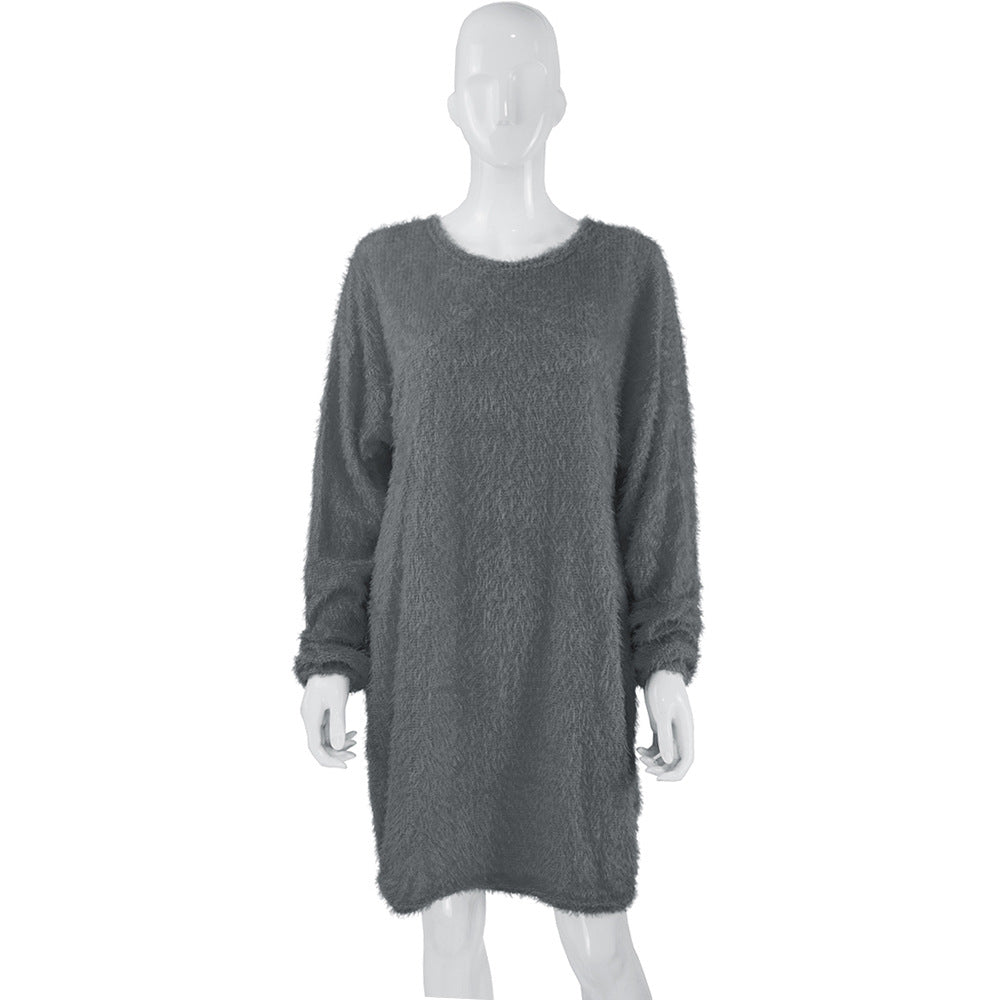 Mid Length Long Sleeve Round Neck Loose Plush Dress