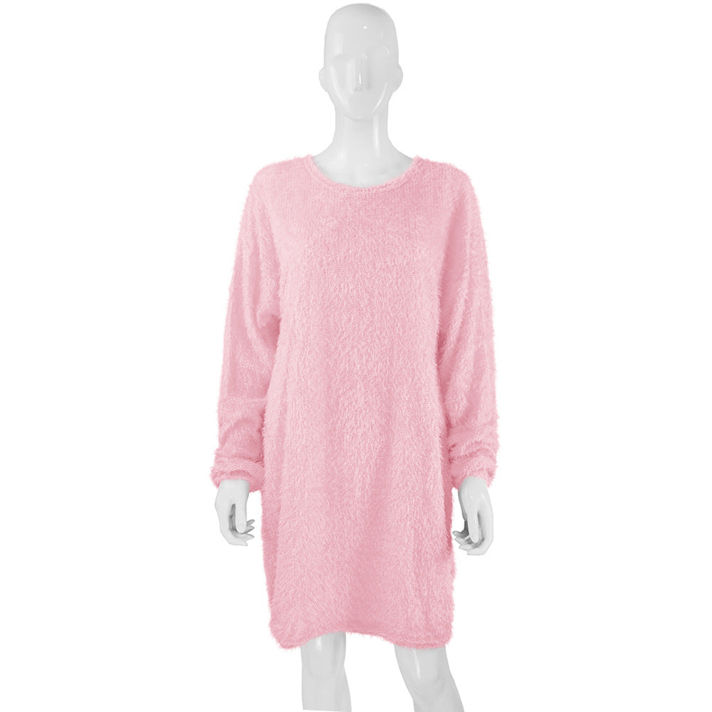 Mid Length Long Sleeve Round Neck Loose Plush Dress