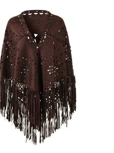 Suede Cloak Robe Hollow Out Cutout Tassel Scarf Top