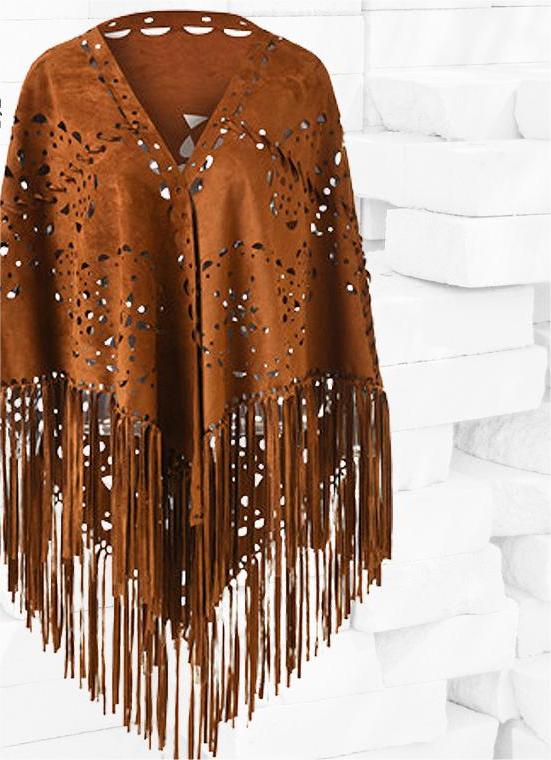 Suede Cloak Robe Hollow Out Cutout Tassel Scarf Top