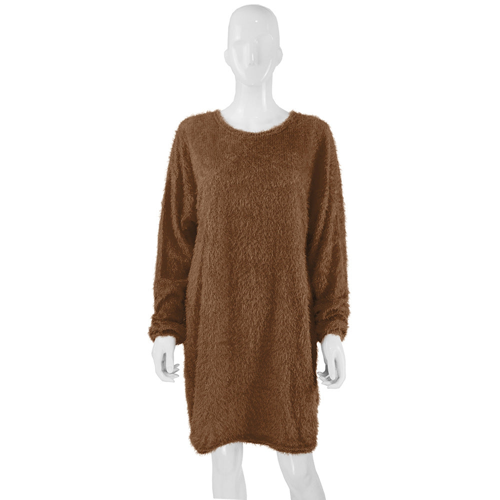 Robe ample en peluche mi-longue à manches longues et col rond