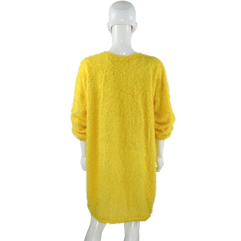 Robe ample en peluche mi-longue à manches longues et col rond