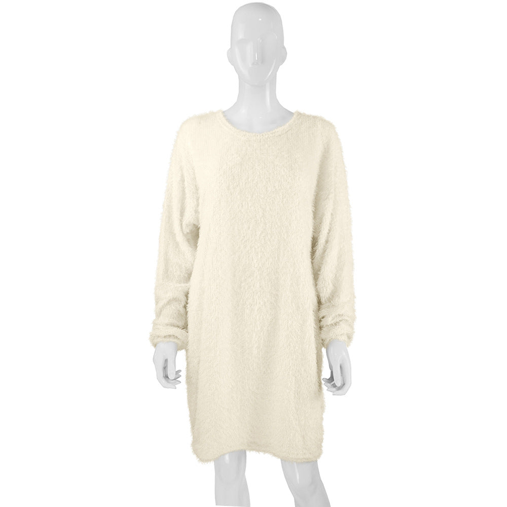 Mid Length Long Sleeve Round Neck Loose Plush Dress