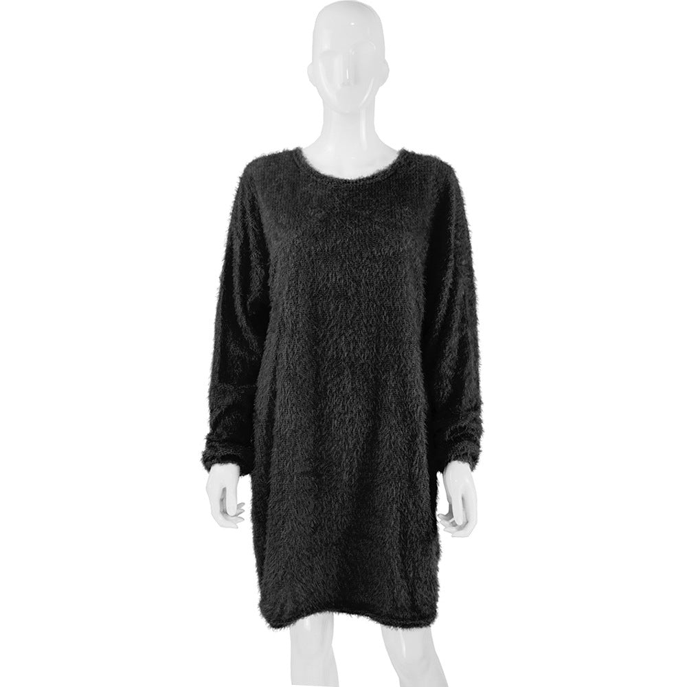 Robe ample en peluche mi-longue à manches longues et col rond