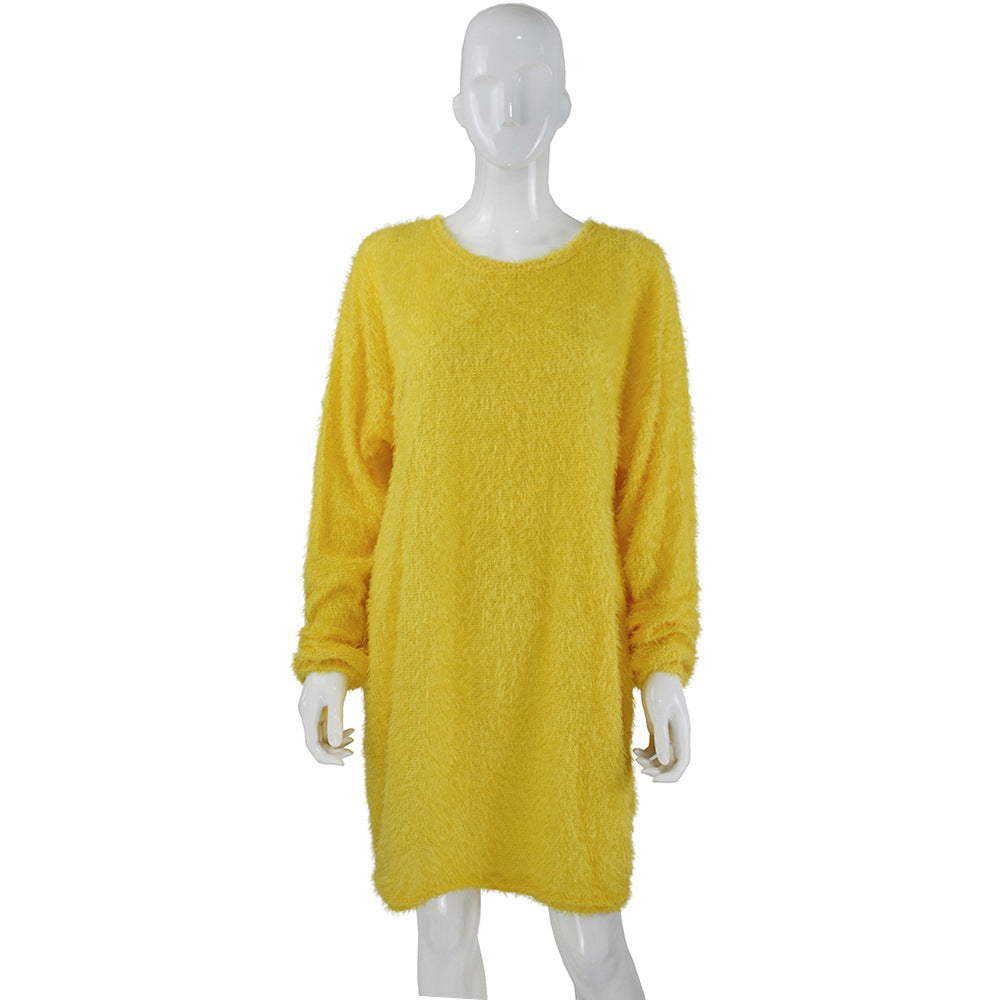 Mid Length Long Sleeve Round Neck Loose Plush Dress