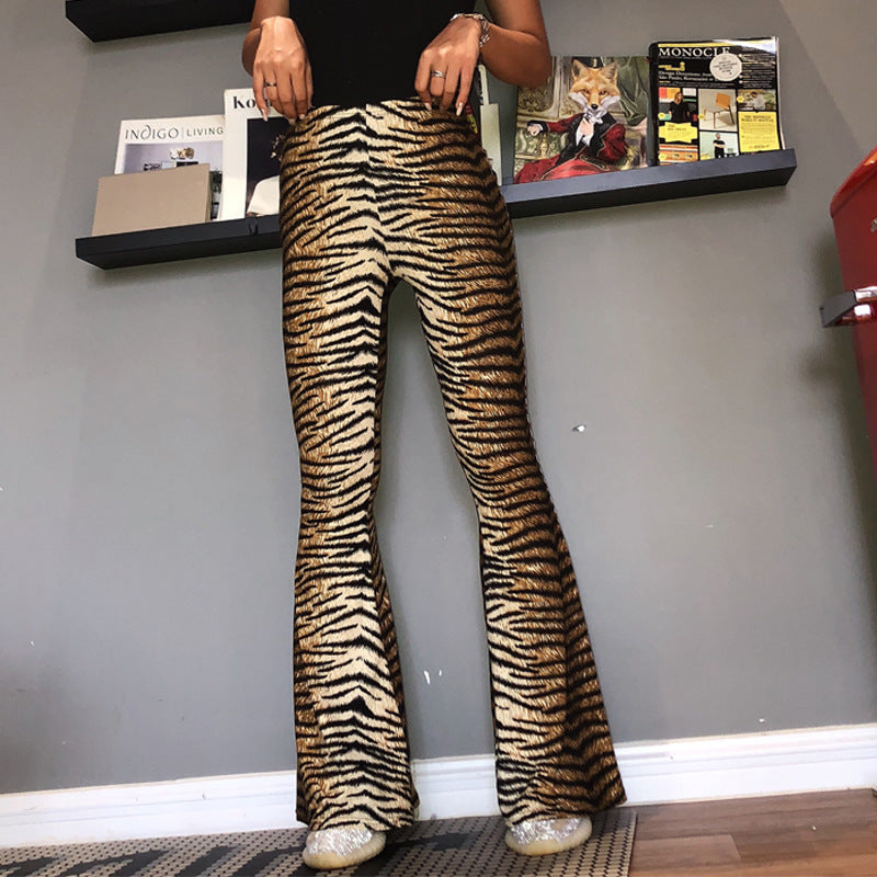 Elastic High Waist Leopard-Print Bell-Bottom Pants