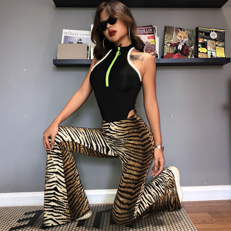 Elastic High Waist Leopard-Print Bell-Bottom Pants