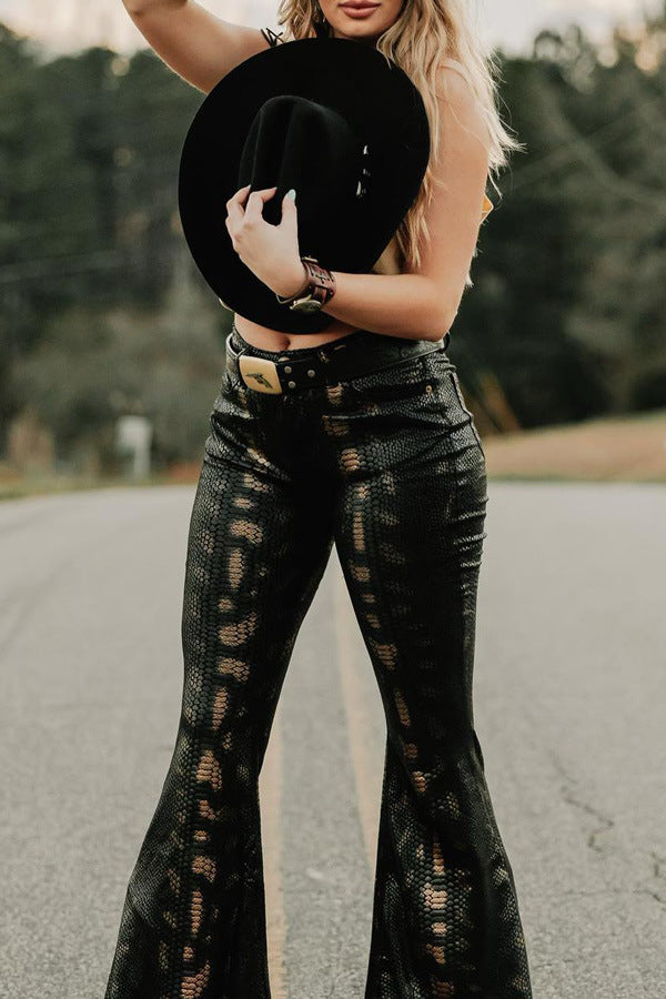 Snake Skin Pattern Tight Horn Leather Pants