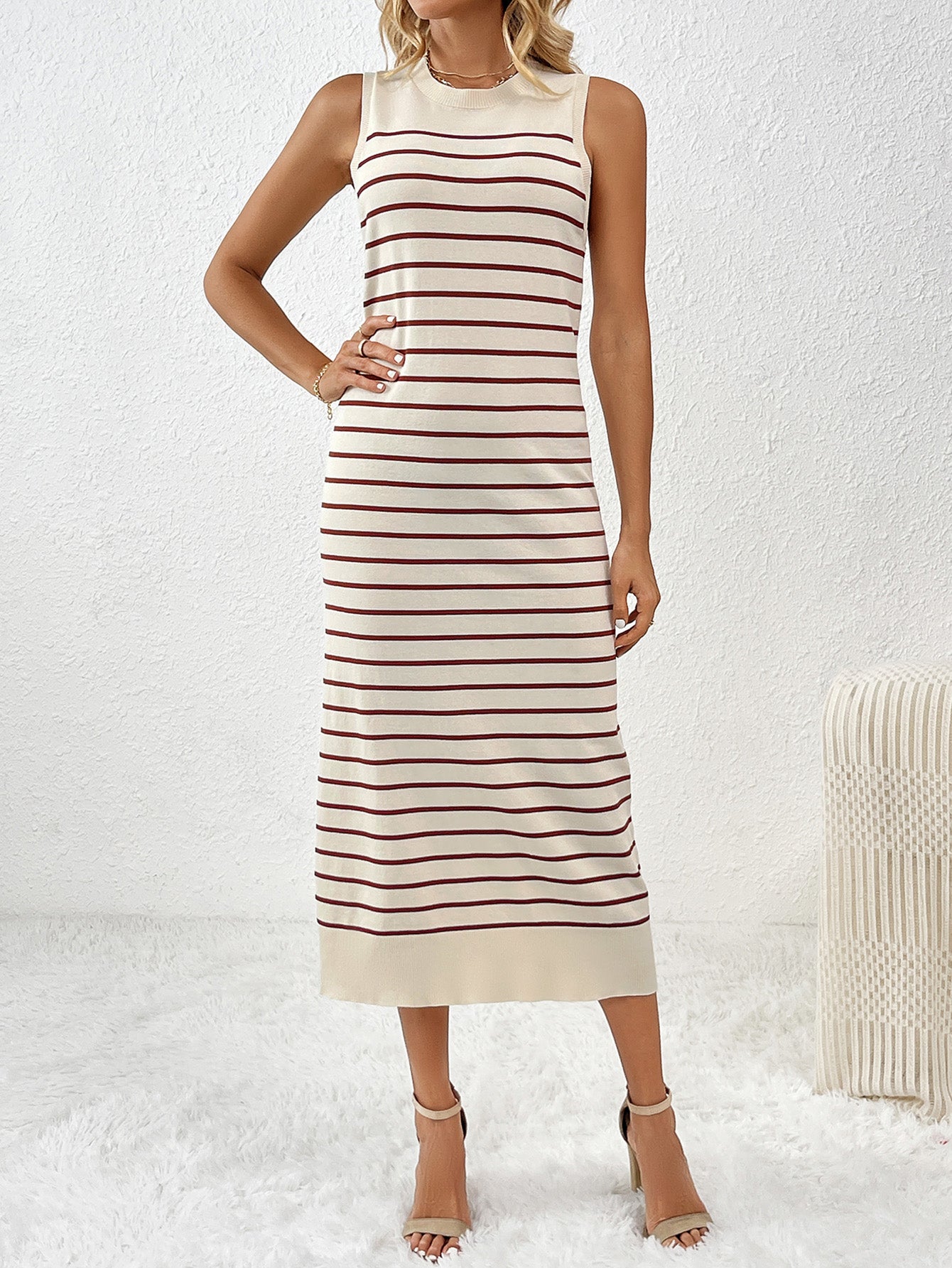 Slim Sleeveless Splicing Pullover Striped Knitwear Dress