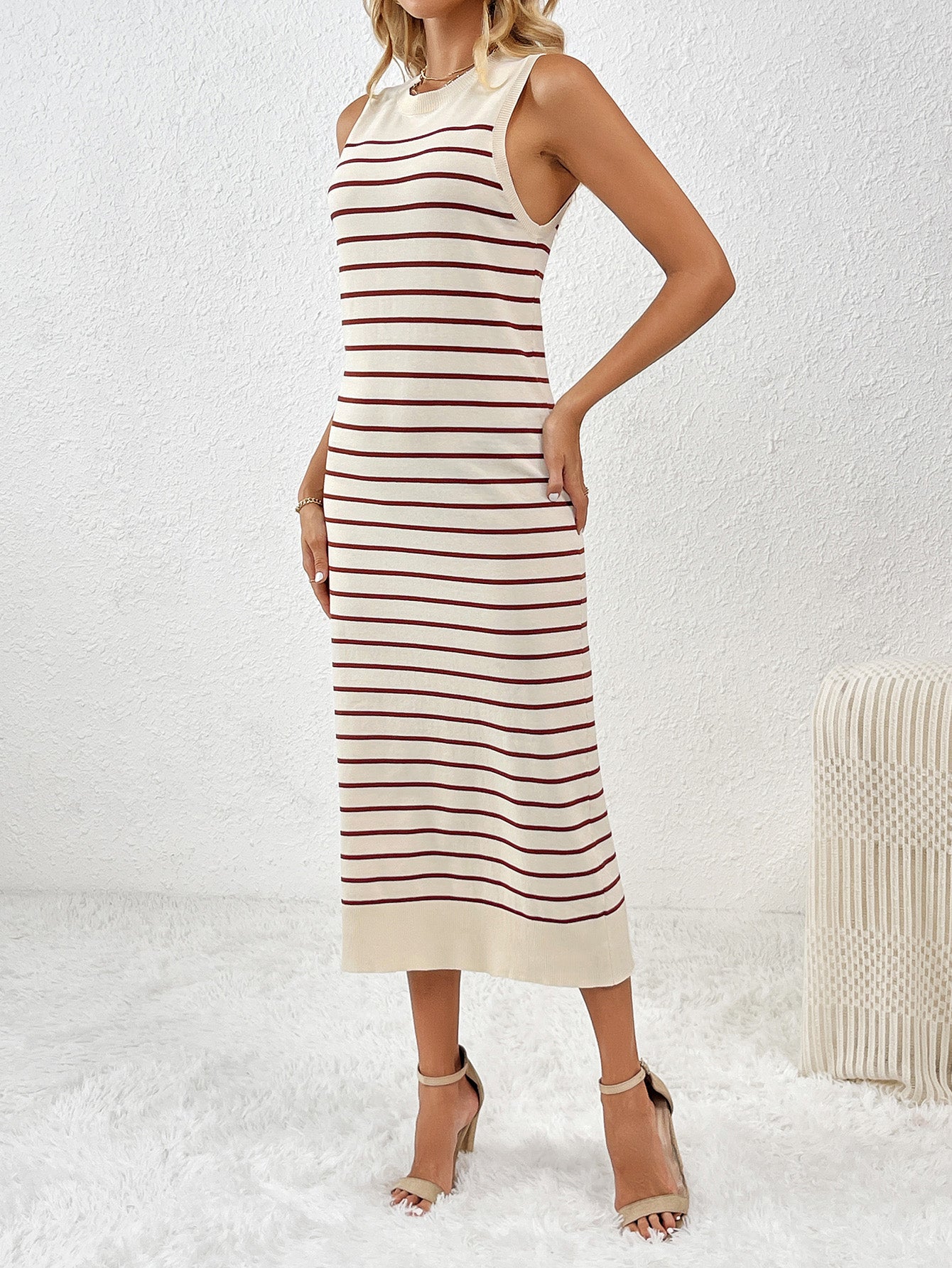 Slim Sleeveless Splicing Pullover Striped Knitwear Dress