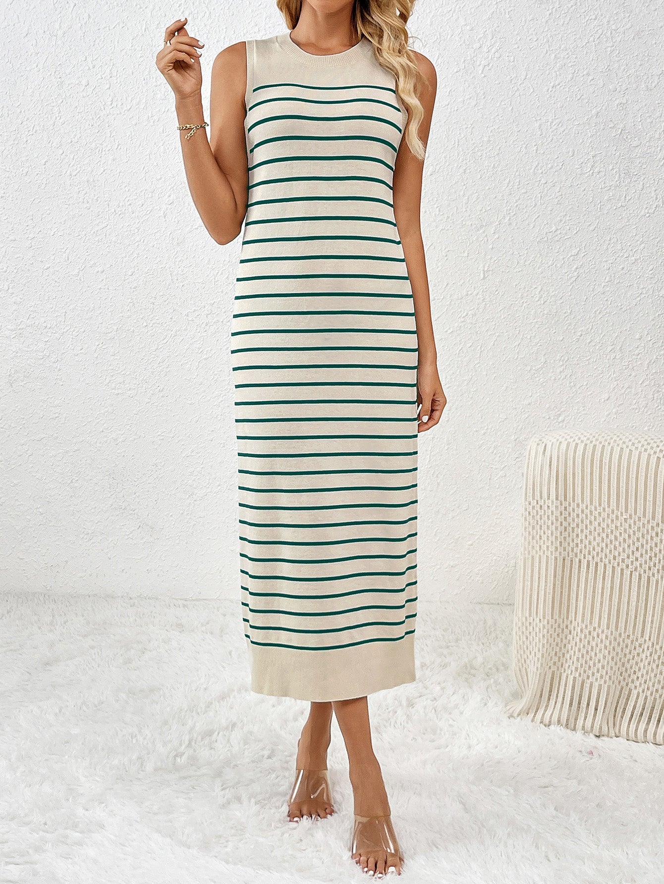 Slim Sleeveless Splicing Pullover Striped Knitwear Dress