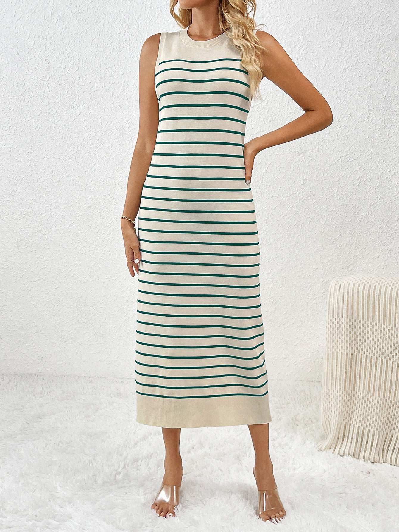 Slim Sleeveless Splicing Pullover Striped Knitwear Dress