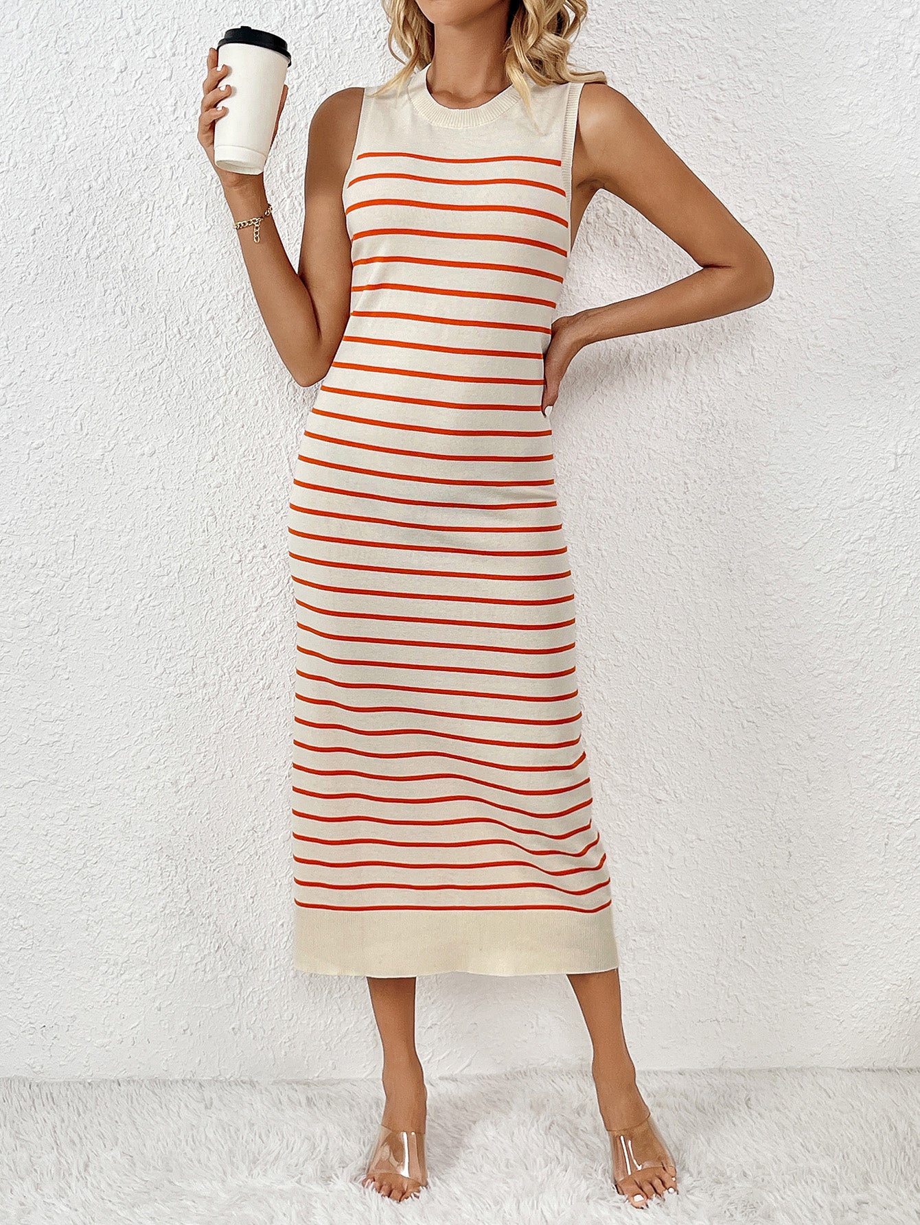 Slim Sleeveless Splicing Pullover Striped Knitwear Dress