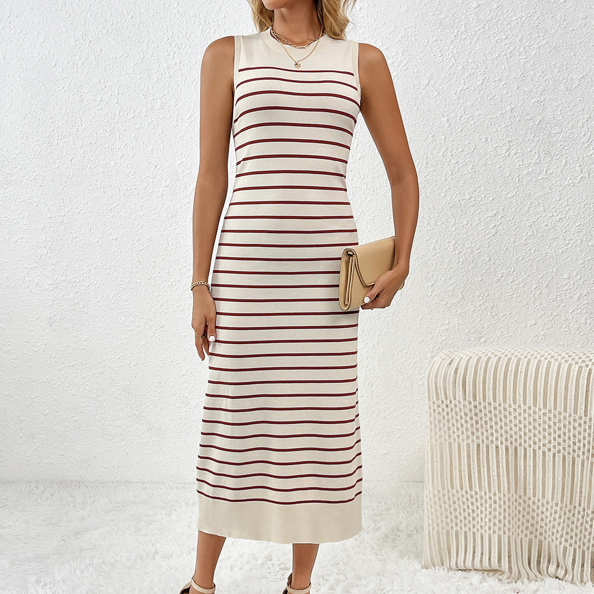 Slim Sleeveless Splicing Pullover Striped Knitwear Dress