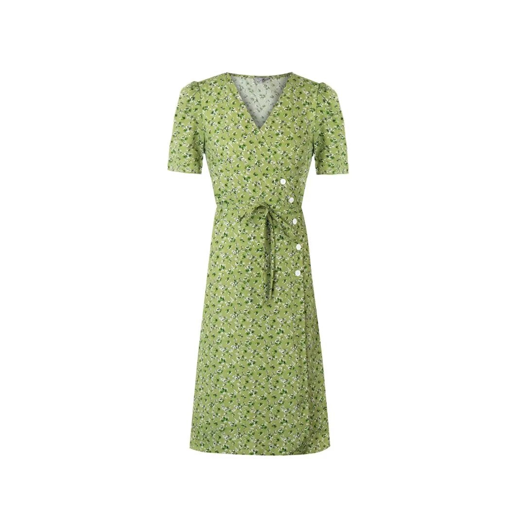 Francuska wakacyjna sukienka herbaciana z dekoltem w kształcie litery V