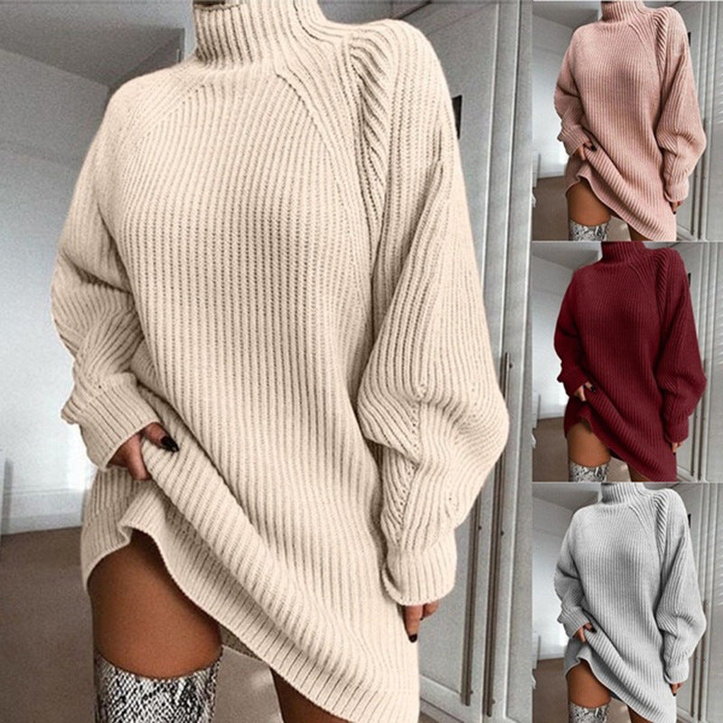 Knitwear Mid-Length Raglan Sleeve Mock Neck Sweater Dress