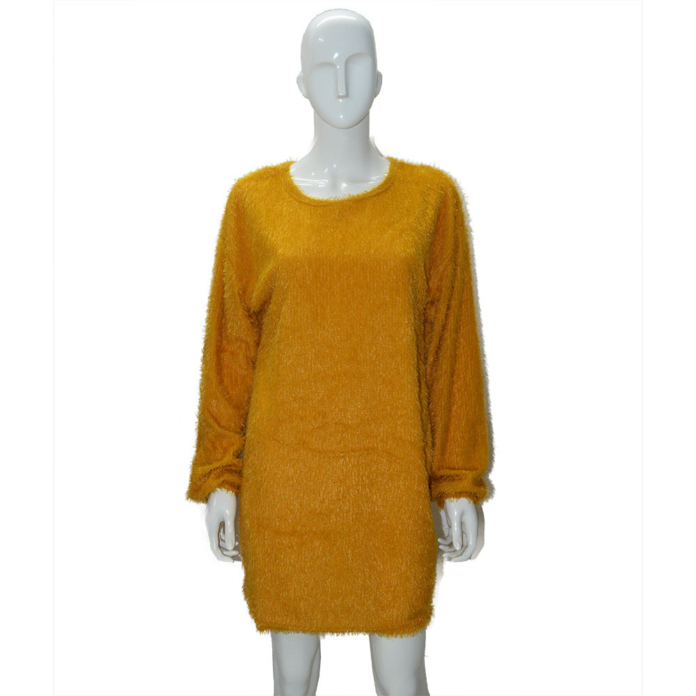 Mid Length Long Sleeve Round Neck Loose Plush Dress