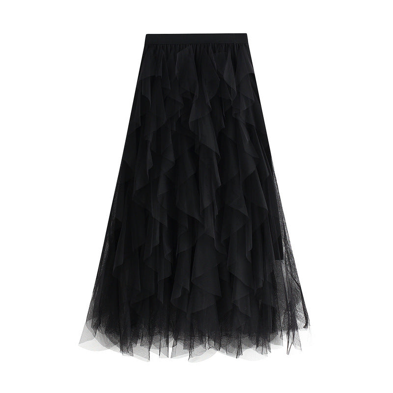 Korean Elastic Waistband Fashionable All Matching Slimming Mesh Stitching Irregular Asymmetric Mid Length High Waist Skirt