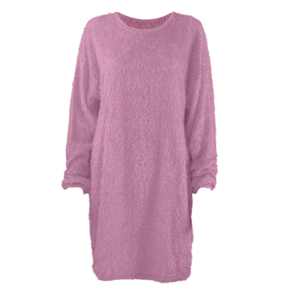 Mid Length Long Sleeve Round Neck Loose Plush Dress