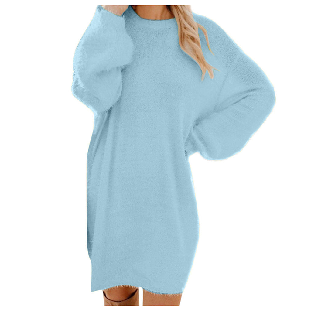 Robe ample en peluche mi-longue à manches longues et col rond