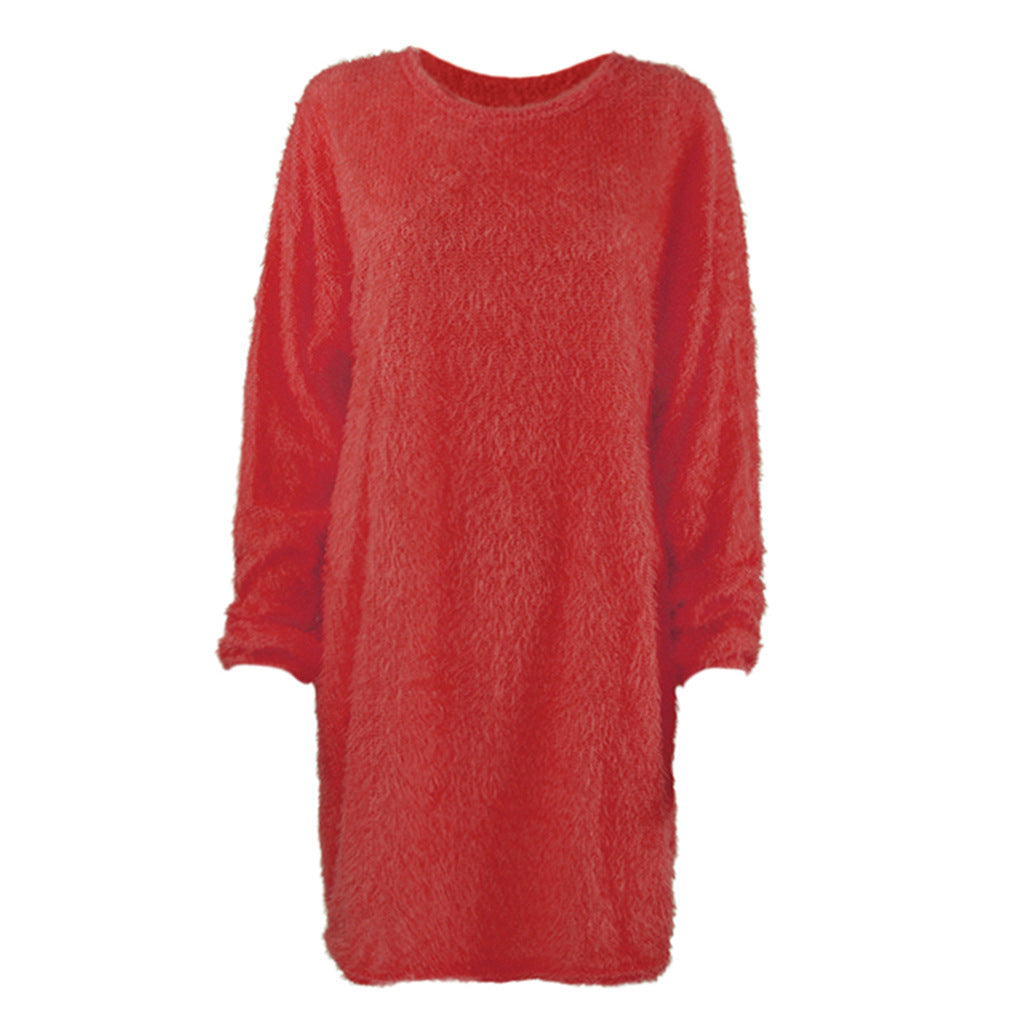 Robe ample en peluche mi-longue à manches longues et col rond