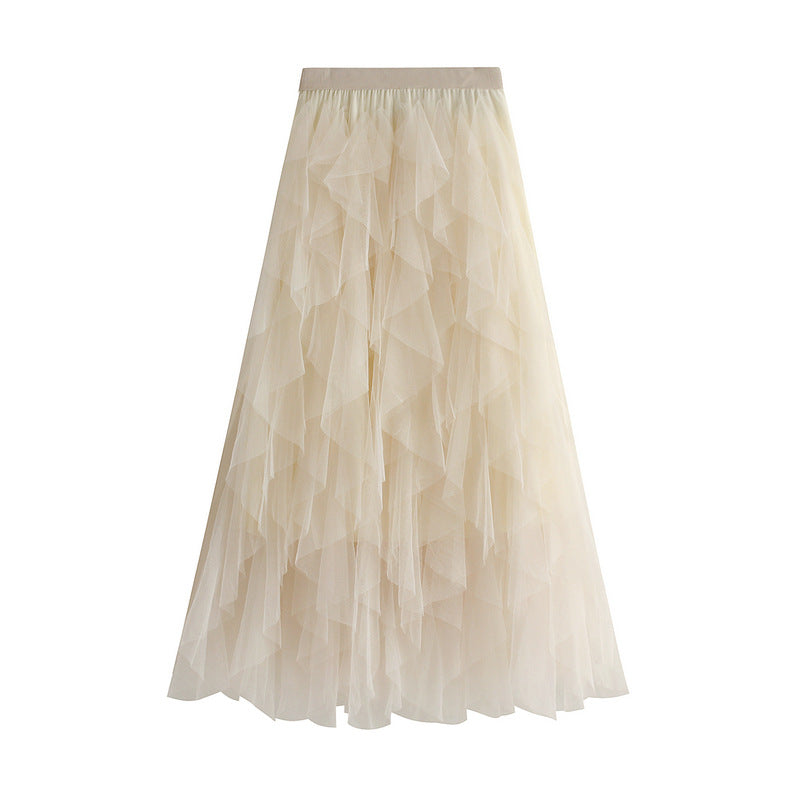 Korean Elastic Waistband Fashionable All Matching Slimming Mesh Stitching Irregular Asymmetric Mid Length High Waist Skirt