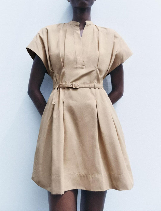 Stand Collar Design With Belt Pleated Short Dress