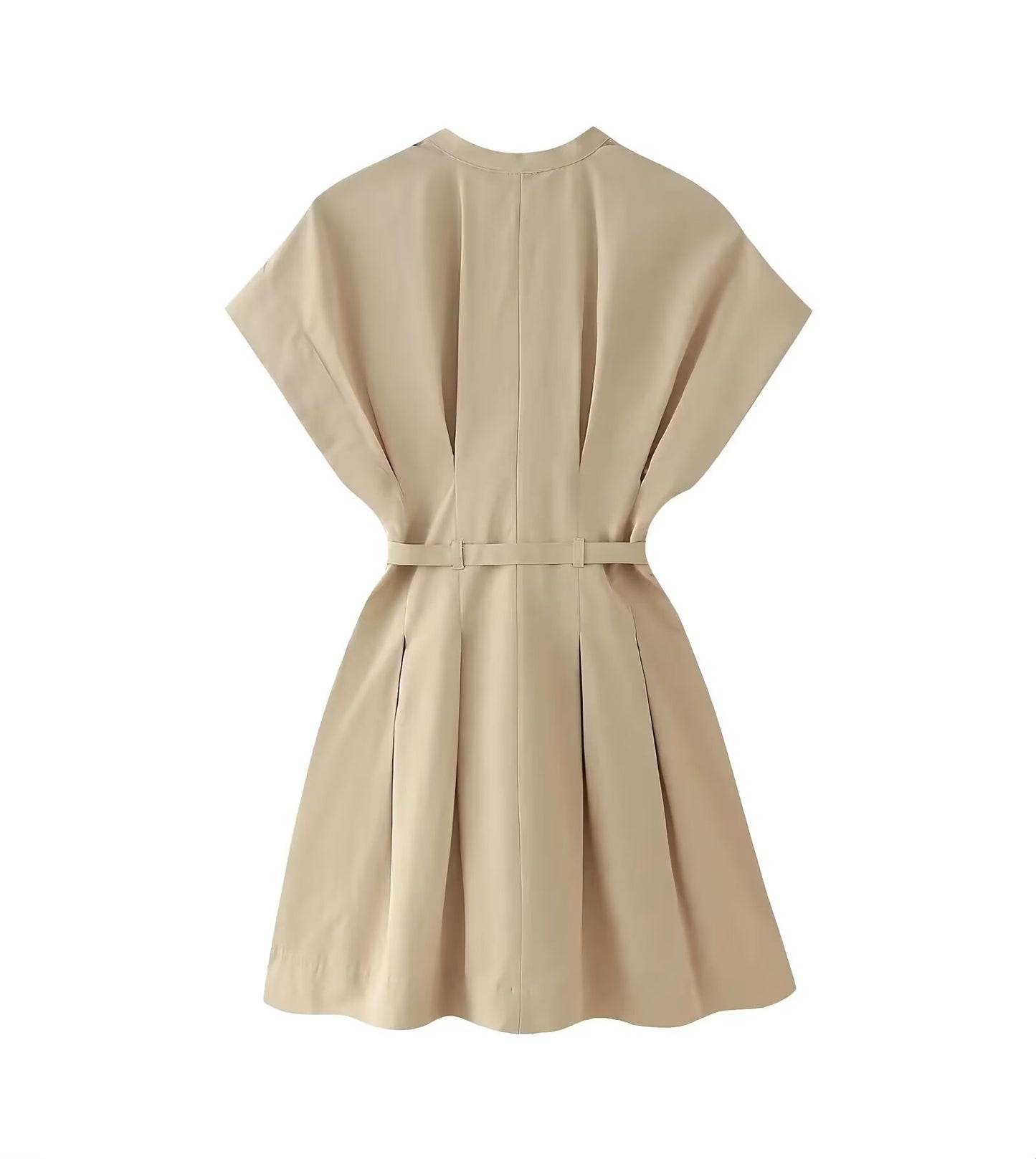 Stand Collar Design With Belt Pleated Short Dress