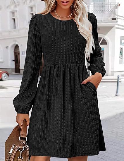 Round Neck Pocket Knitted Sweater Long Sleeve A Line Dress