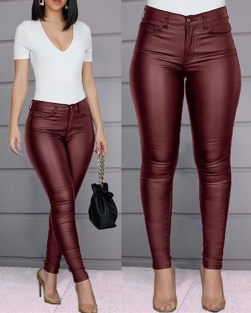 Solid Color Faux Leather Pants