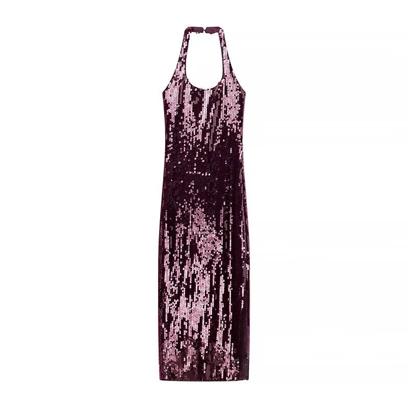 Simple Thin Slim Fit Halter Sequin Dress