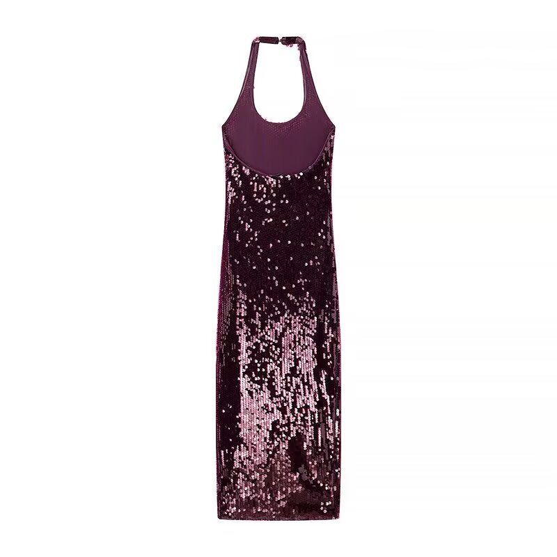 Simple Thin Slim Fit Halter Sequin Dress