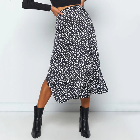 Leopard Print Chiffon Slit Sexy Zipper High Waist Midi Skirt