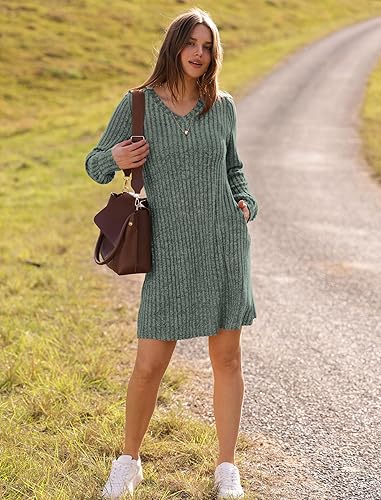 V Neck Pocket Sunken Stripe Brushed Long Sleeve Casual Dress