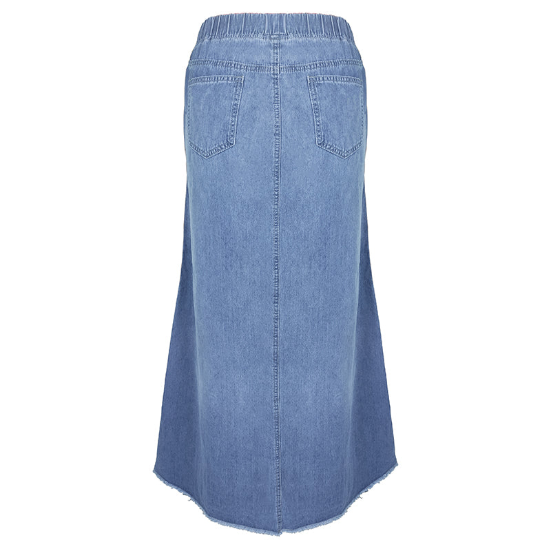 Denim Binding Tape Brushed Elastic High Waist Simple All Match Long Skirt