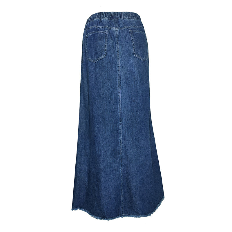 Denim Binding Tape Brushed Elastic High Waist Simple All Match Long Skirt