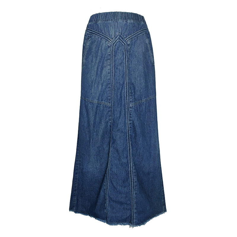 Denim Binding Tape Brushed Elastic High Waist Simple All Match Long Skirt