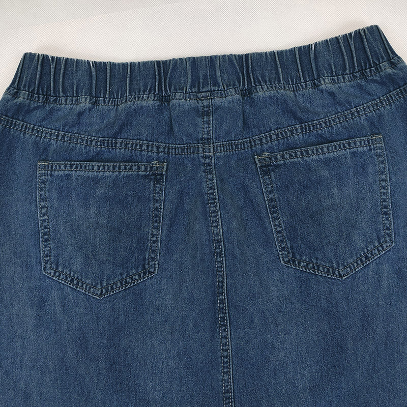 Denim Binding Tape Brushed Elastic High Waist Simple All Match Long Skirt