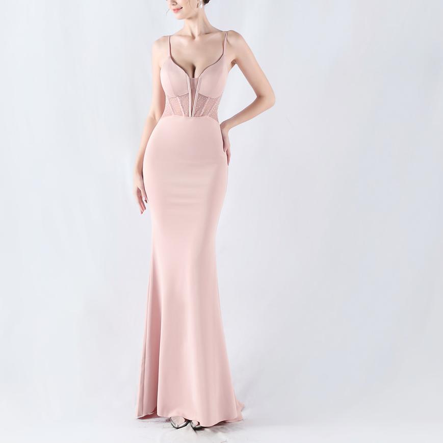 Elegant Boning Corset Vest Shaping Mesh Rhinestone Sling Sheath Fishtail Evening Dress