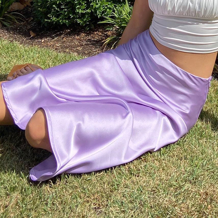 Draping Satin Purple Mid Length High Waist Sheath Skirt