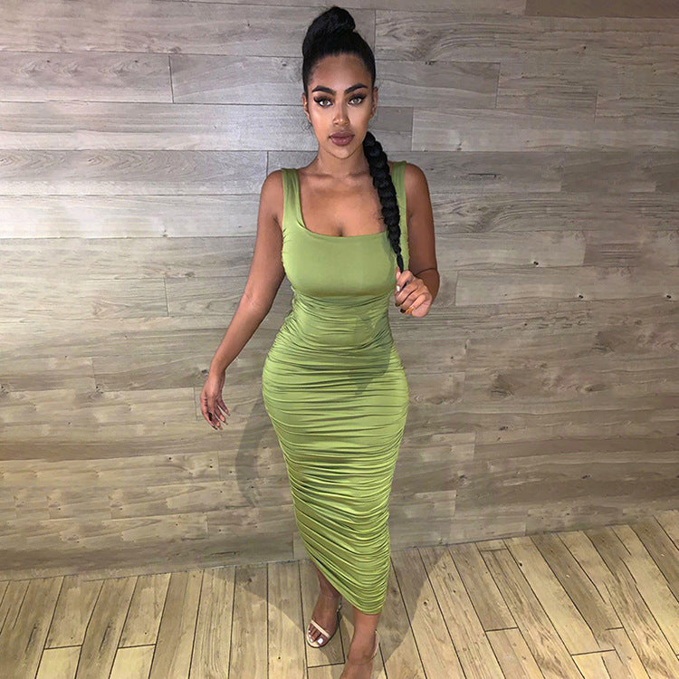 Solid Color Tight Backless Sleeveless Pleated Dress