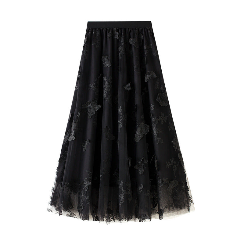High Waist A Line Lace Butterfly Fairy Mesh Mid Length Skirt