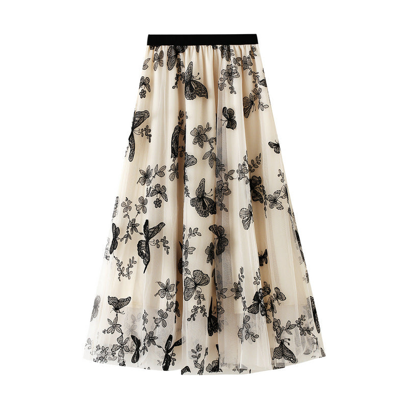 High Waist A Line Lace Butterfly Fairy Mesh Mid Length Skirt