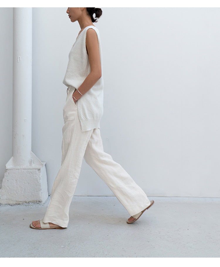 Pure Linen Lace Up Straight Leg Pants