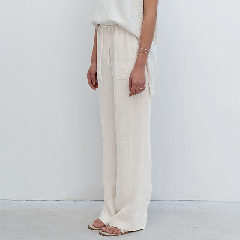 Pure Linen Lace Up Straight Leg Pants