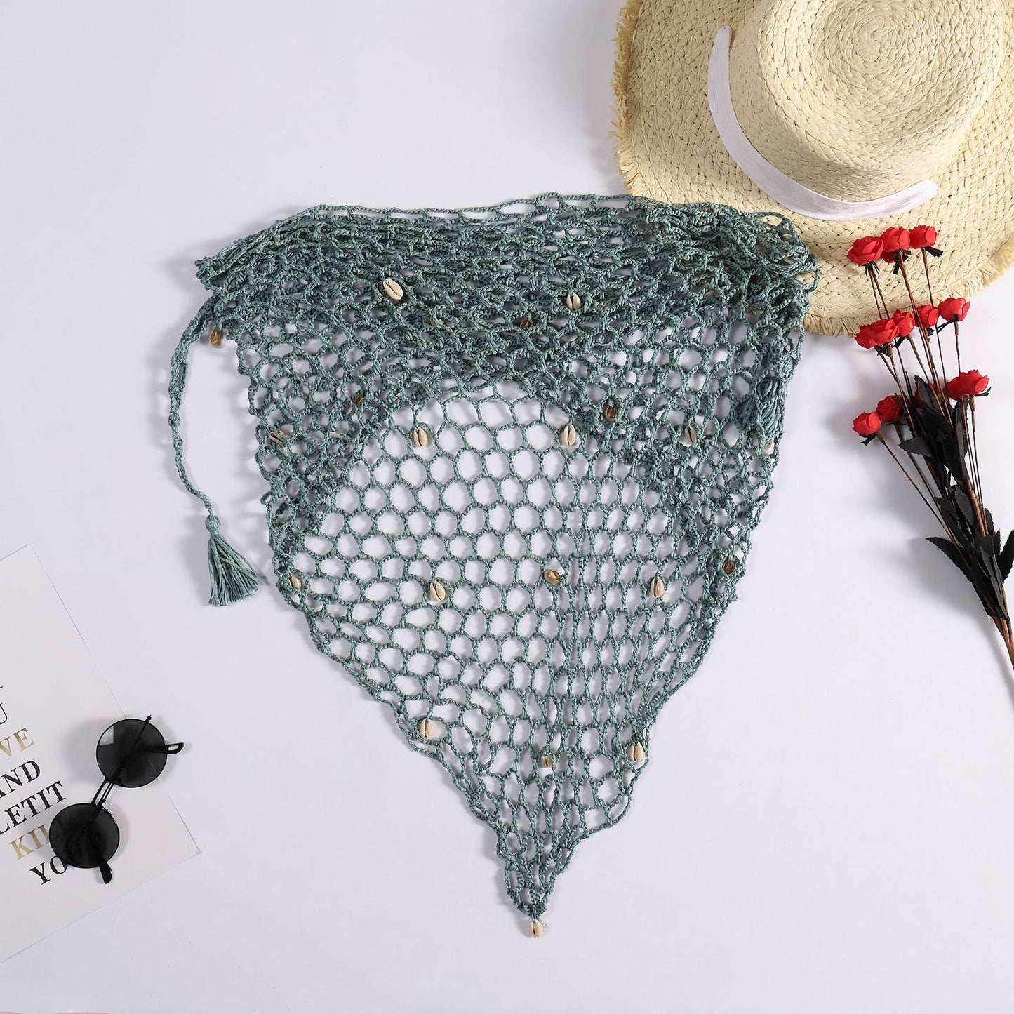 Hand Crocheting Beach Triangle Shawl Sexy Fishnet Shell Sunscreen Beach Towel