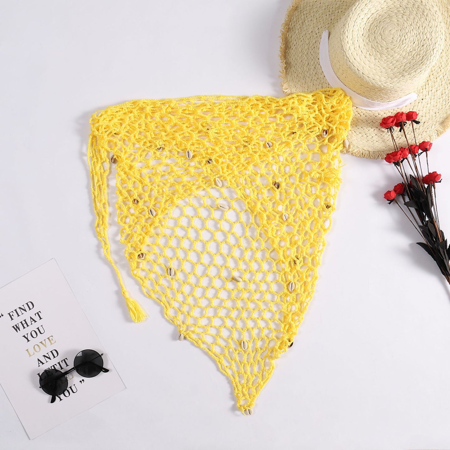 Hand Crocheting Beach Triangle Shawl Sexy Fishnet Shell Sunscreen Beach Towel