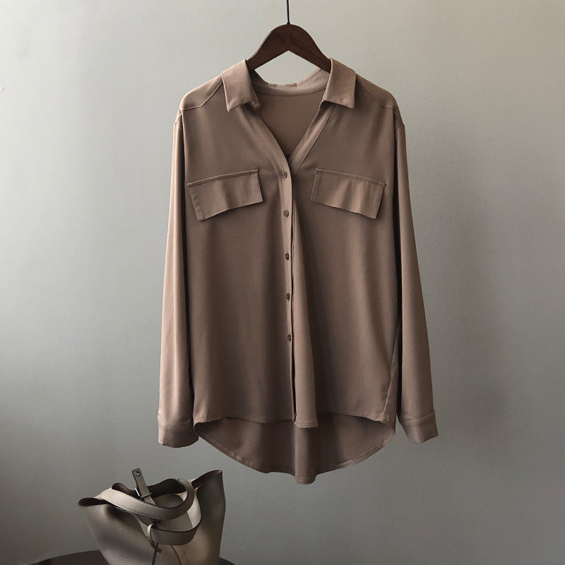 Retro Simple Solid Color Elegant Slim-Fit Long Sleeves Shirt